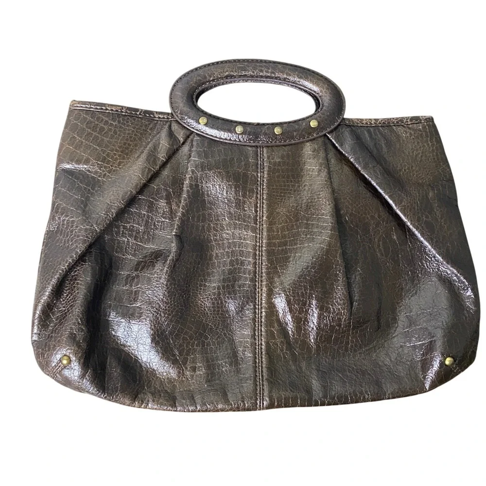 Ann Taylor Loft Faux Croc Embossed Tote Bag‎ Brown Rounded Handle Stud Accents